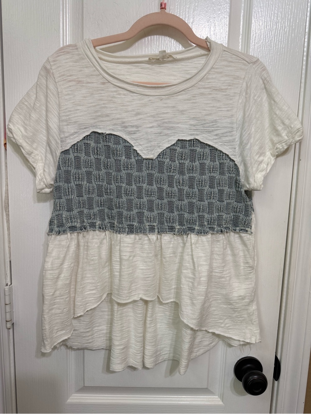 ⛱️ H159 New Oli & Hali S ptp17 Cream Short-Sleeve Top with Blue Smocked Panel
